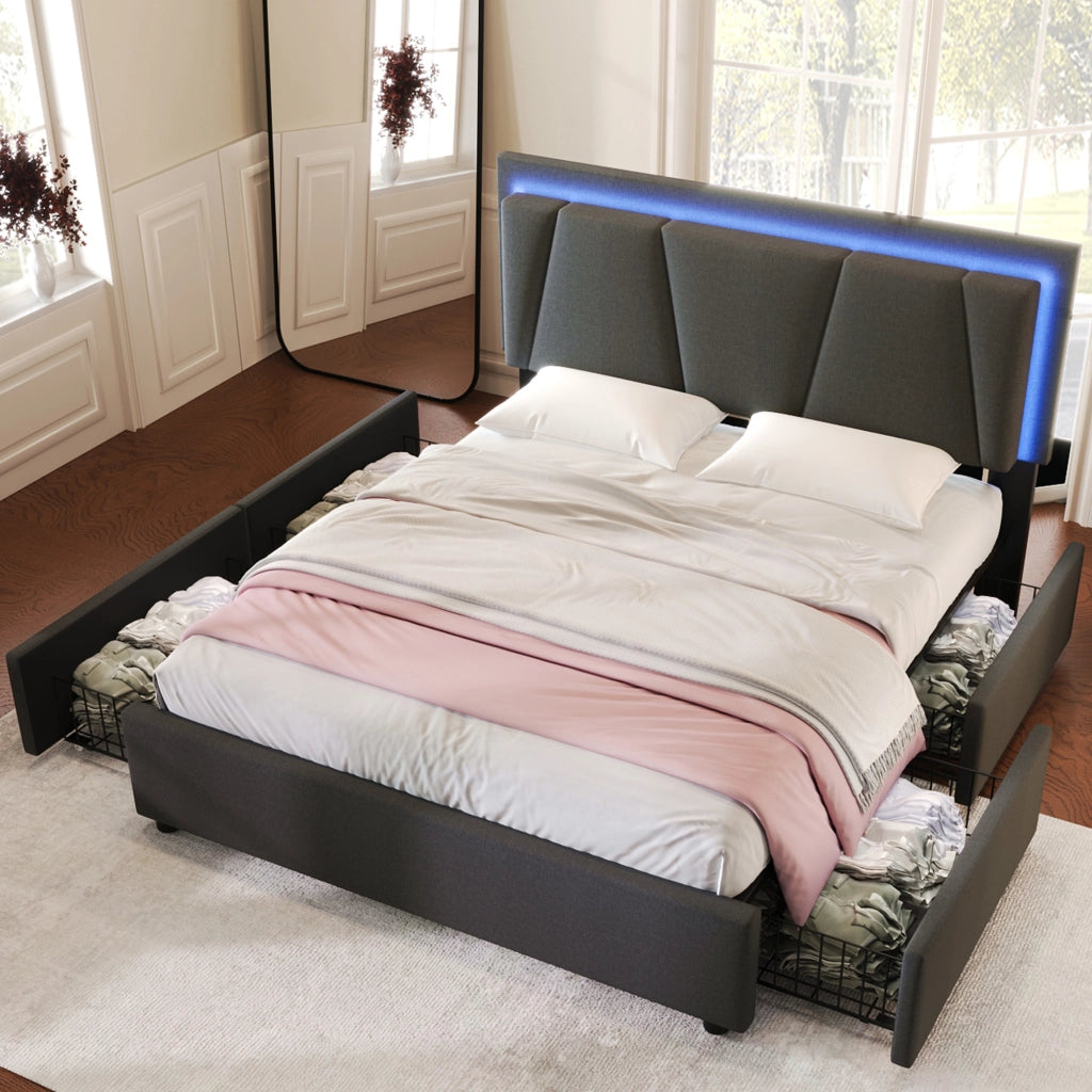 Letto Contenitore Matrimoniale 140x200 cm con LED; 4 Cassetti e Testiera Regolabile Grigio