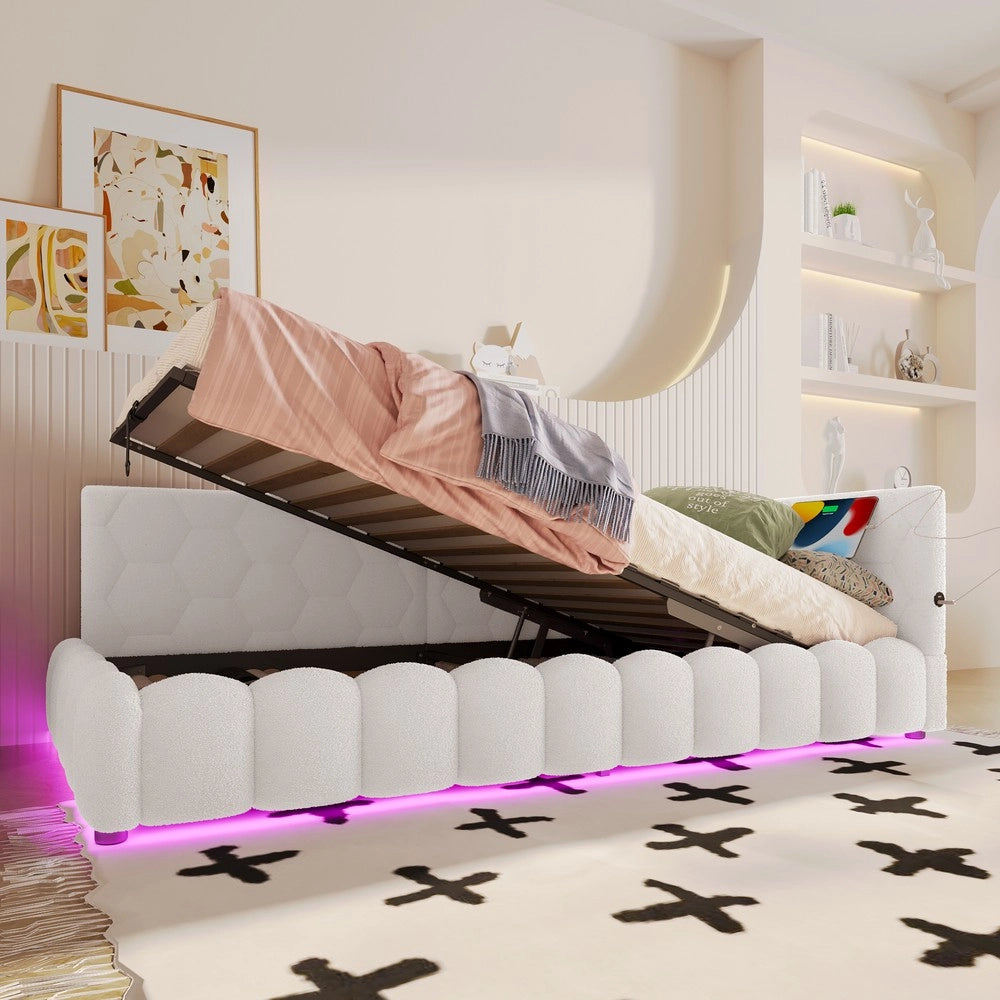 Letto Contenitore Imbottito con LED ¨C MINIMAL ¨C 90x200, Bianco, Idraulico, USB