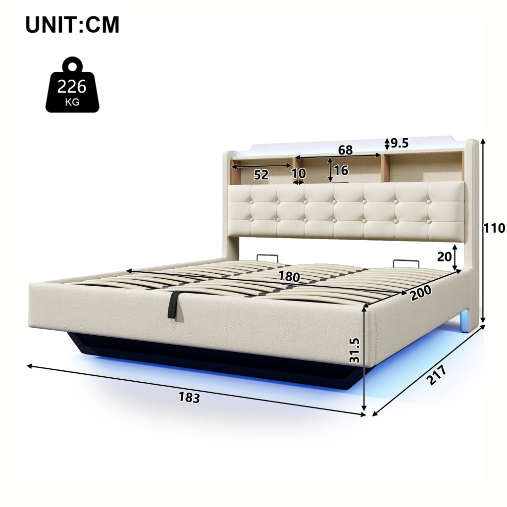 DESMIU Letto contenitore 180 × 200 cm 2 posti con LED, USB, Type-C, senza materasso, beige