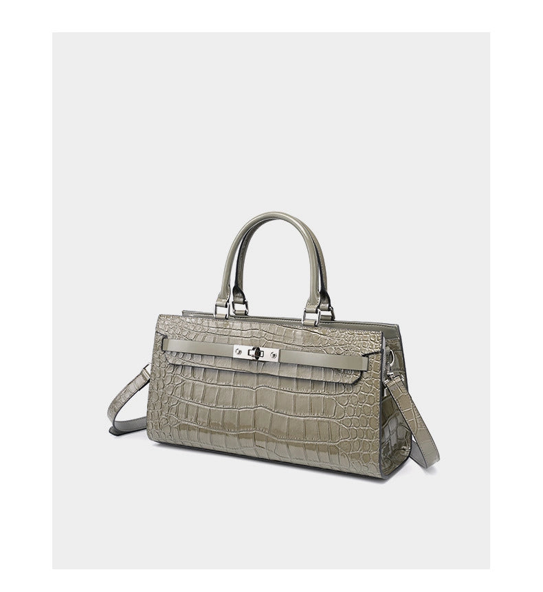 Borsa Kelly Bag in pelle di vacchetta con motivo coccodrillo, borsa a tracolla grande Wew, grigia