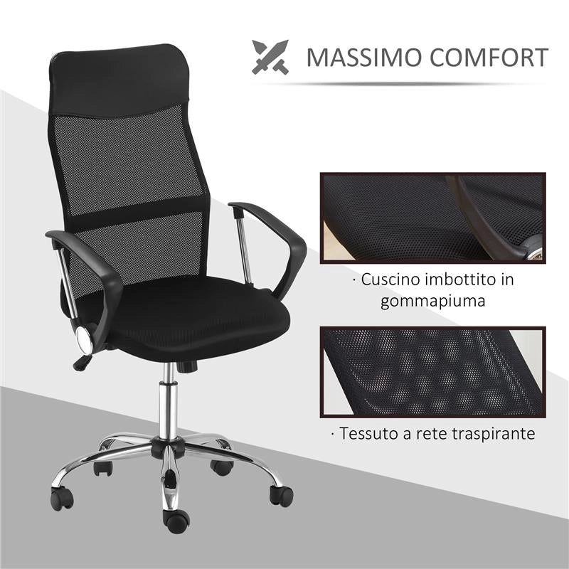 SEDIA ERGONOMICA DA UFFICIO GIREVOLE E DONDOLO CON RUOTE ALTEZZA REGOLABILE E SCHIENALE A RETE 63X65X109-119 CM NERO
