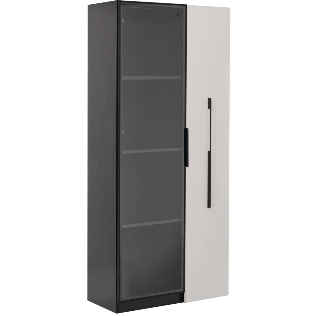 Vetrina 70x40x160 cm con illuminazione LED e ripiano laterale in MDF nero e bianco