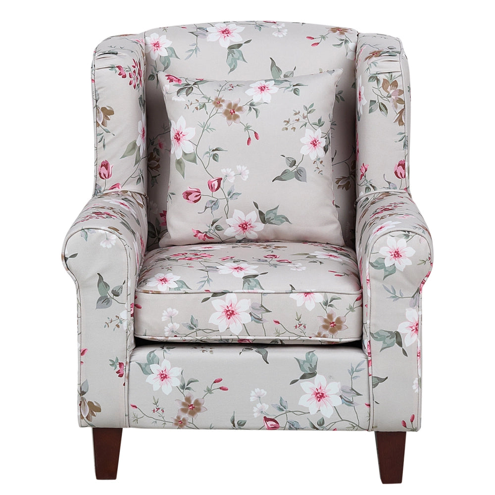 Poltrona con poggiapiedi Tessuto a motivi floreali grigio chiaro Gambe in legno Stile Wingback