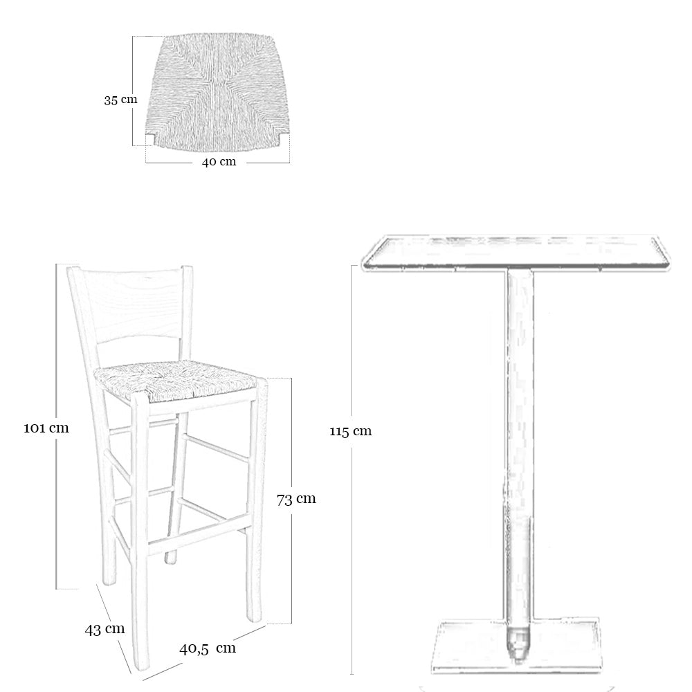Sgabello alto da bar Lucy h 73 cm in legno grezzo con seduta in paglia