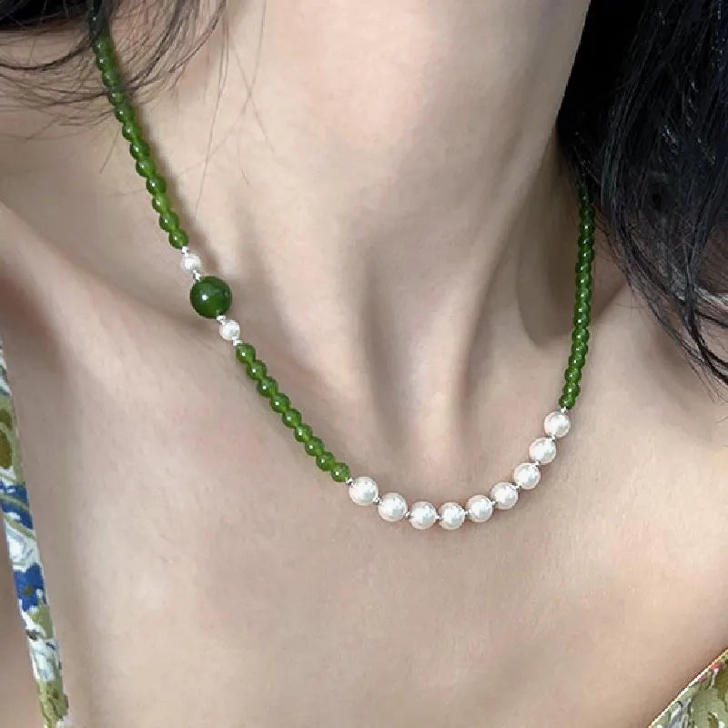 Collana vintage fatta a mano con perle di cristallo verde, regalo di Natale per donna, regalo di compleanno