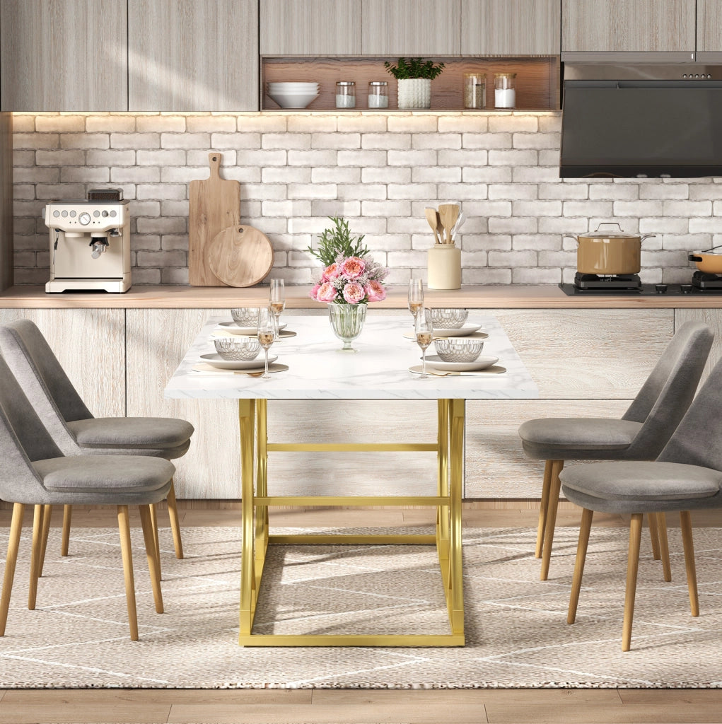 Tavolo da pranzo 200x80x76 cm; effetto marmo; resistente ad acqua e graffi; MDF; bianco oro