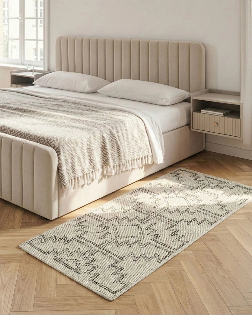 Tappeto beige e nero lana 80 x 150 cm trapuntato a mano motivo geometrico boho soggiorno camera da letto