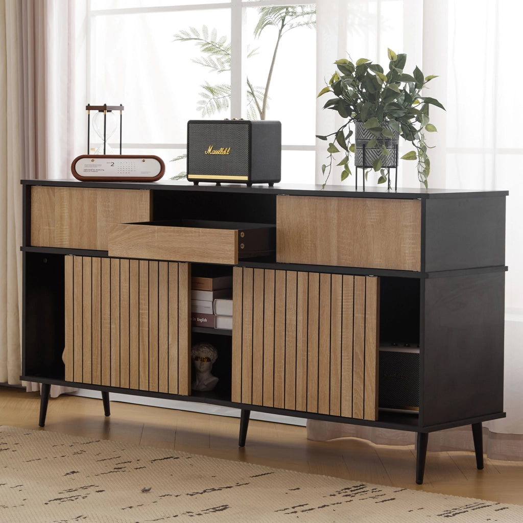 Credenza con 4 ante scorrevoli; 1 cassetto e ripiani regolabili per soggiorno in truciolare nero 160×40×80 cm