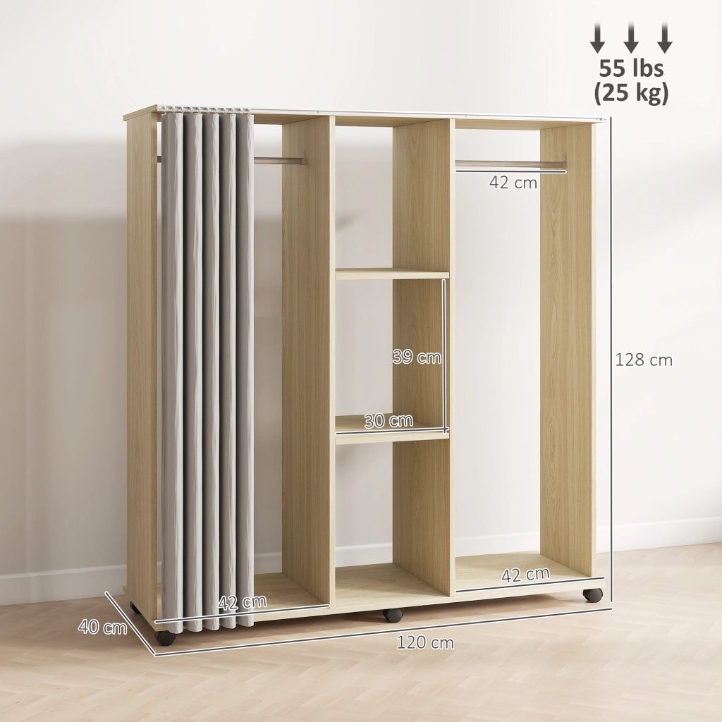 Armadio guardaroba mobile con ante e cassetti ¨C Xylo ¨C legno naturale 120x40x128cm con 6 ruote