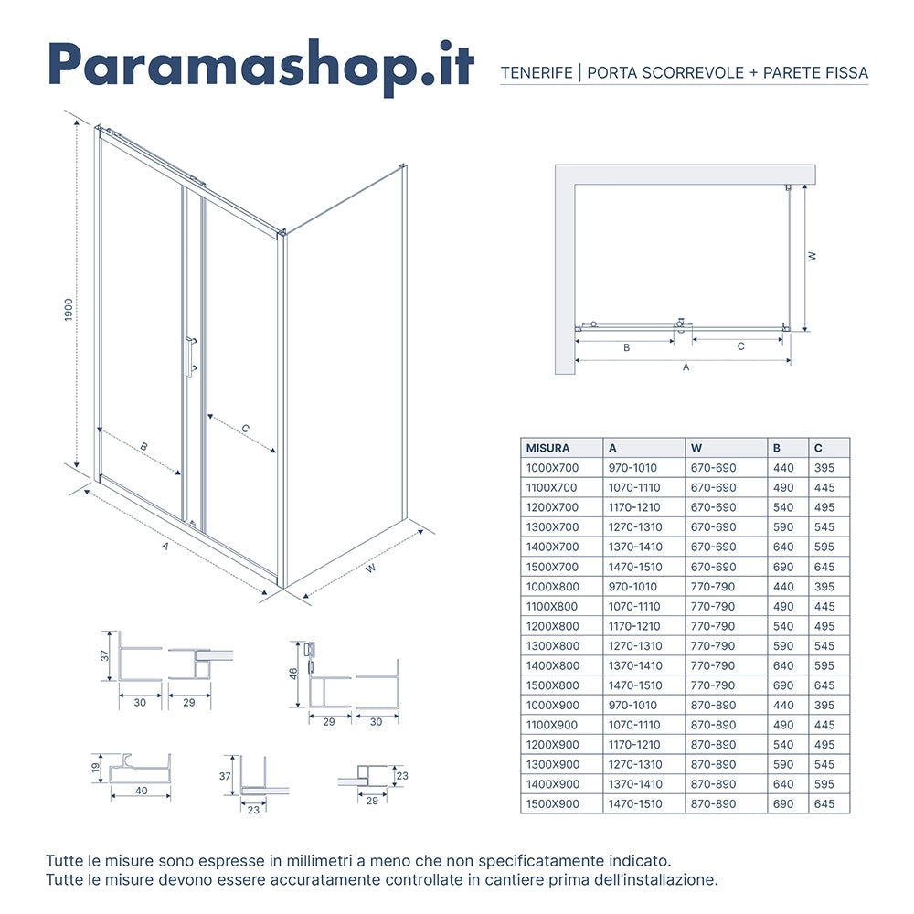 Box Doccia Angolare 80x100 cm vetro stampato, con apertura scorrevole e parete fissa h190cm | Tenerife