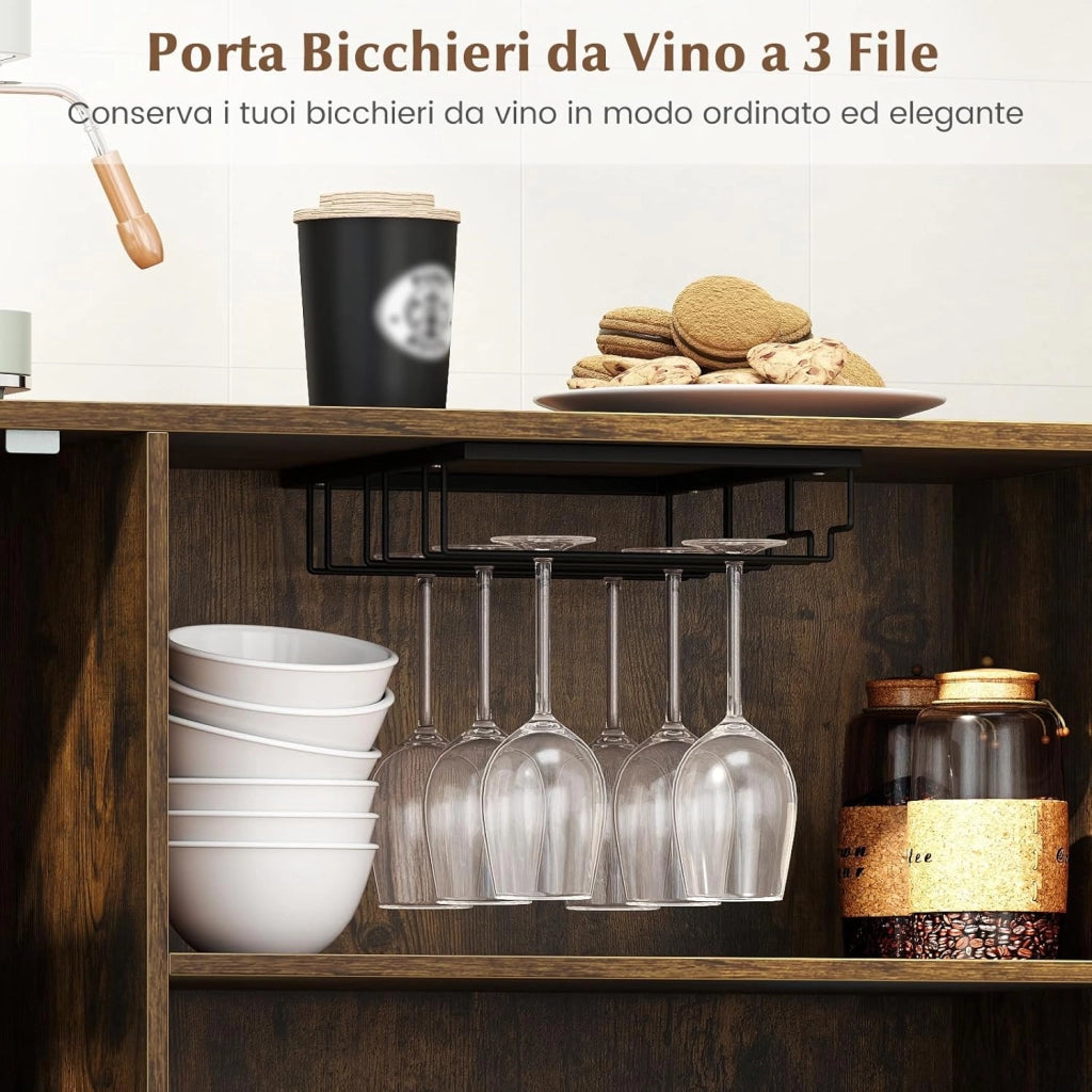 Credenza da Cucina, Armadietto Salvaspazio in Legno con Porta, Ripiano Regolabile e Portabicchieri da Vino, Mobile a Buffet per Soggiorno, Sala da Pranzo e Ingresso, 95 x 35 x 98 cm