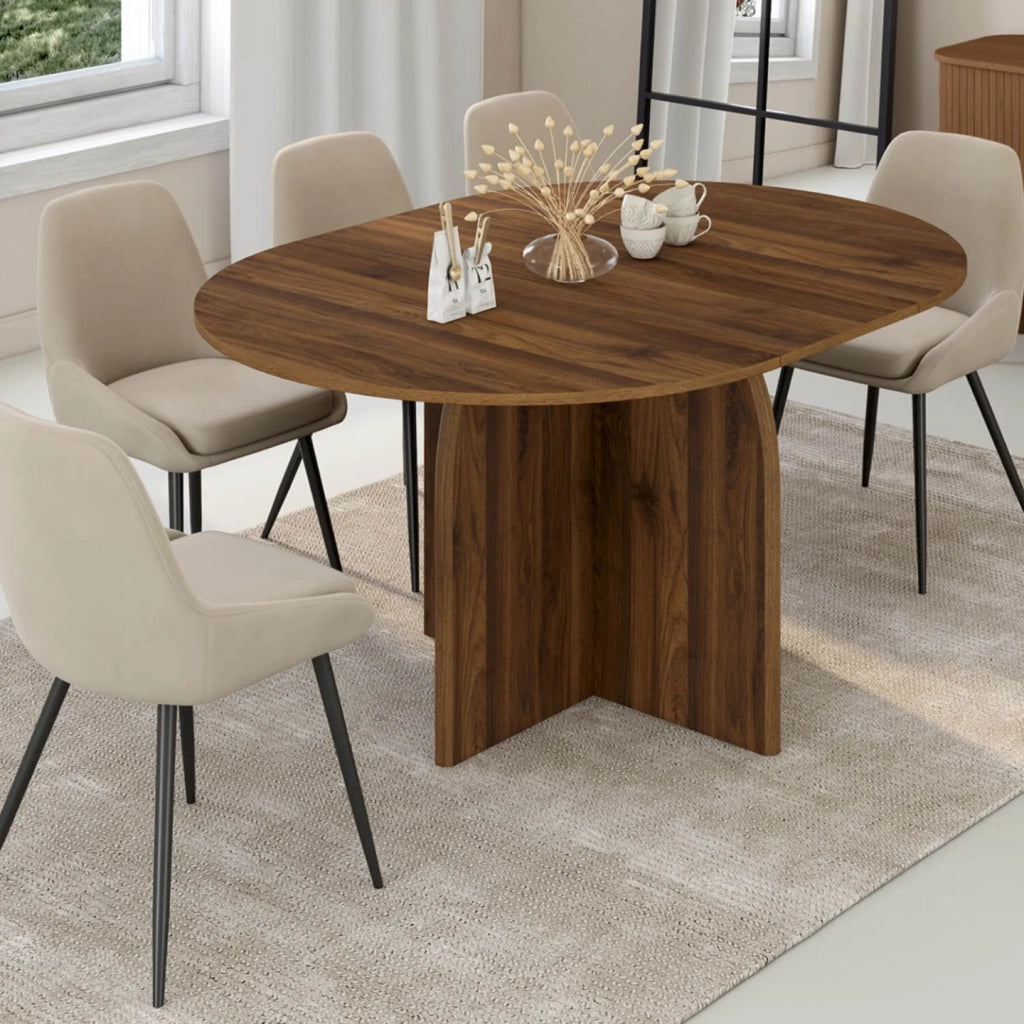 IDMarket - Tavolo da pranzo allungabile rotondo in stile Japandi EDITH, da 4 a 8 persone, con piede centrale dal design arrotondato in noce