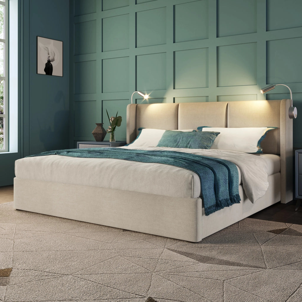 letto imbottito lino beige 140 x 200 cm