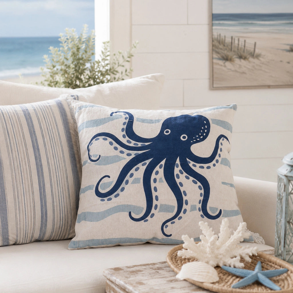 Cuscino in cotone con polpo blu, 40x40x15h cm