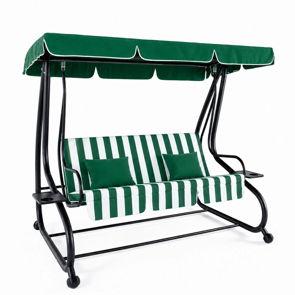 Dondolo 3 Posti Reclinabile Madeira Tettuccio Parasole Regolabile Cuscini Imbottiti Diventa Letto Struttura Robusta In Acciaio Verniciato Giardino Esterno Balcone Terrazzo 200 x 120 x 160 cm Verde E Bianco
