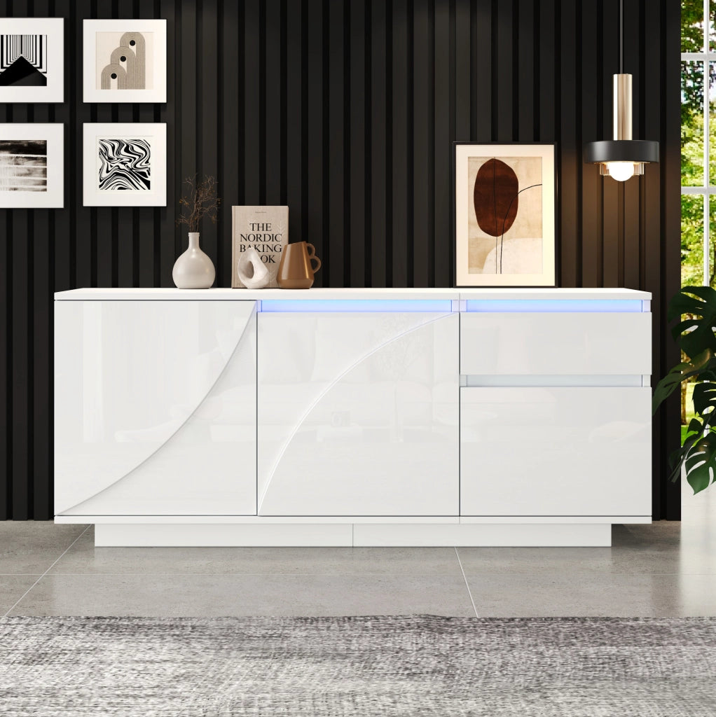 Sideboard bianco 140x40x60 cm con 3 ante; 1 cassetto; LED e ripiani regolabili in MDF