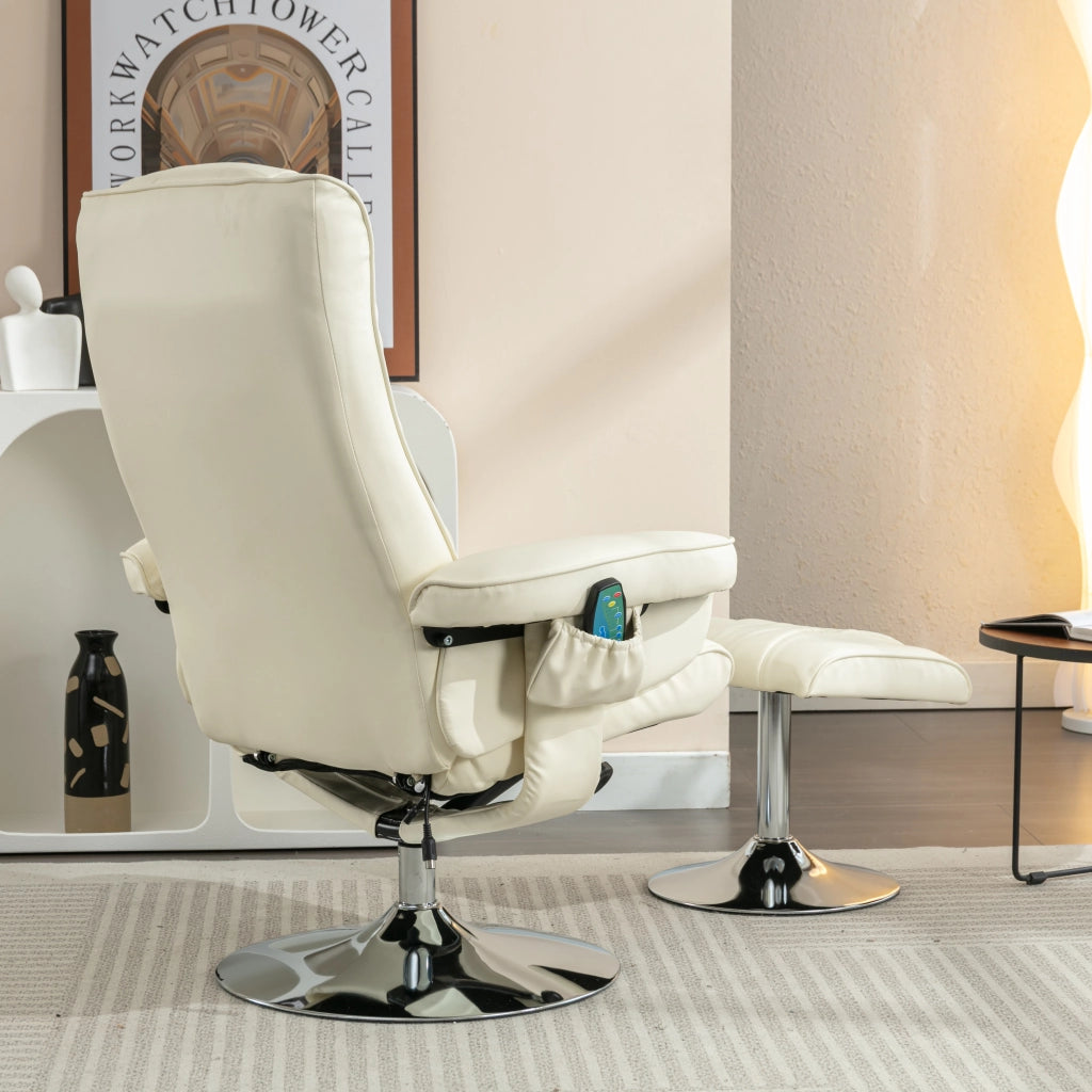 Poltrona massaggiante con poggiapiedi, riscaldamento e rotazione 360 per salotto, in similpelle PU, Beige