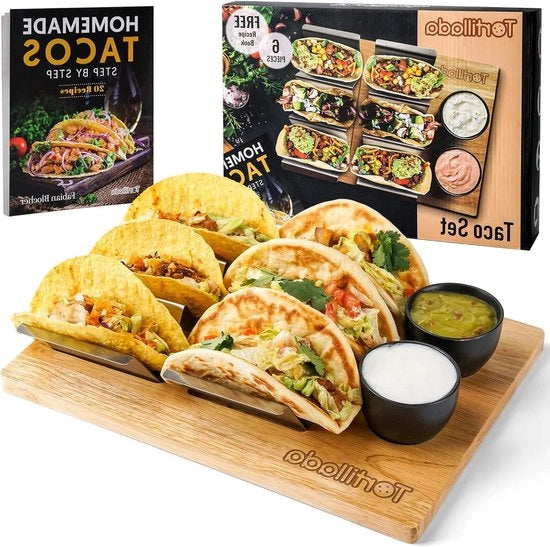 Set di contenitori taco da 2 - Acciaio inossidabile con tavolo di legno, inclusi 2 contenitori per condire a immersione + libro di ricette per pressa taco