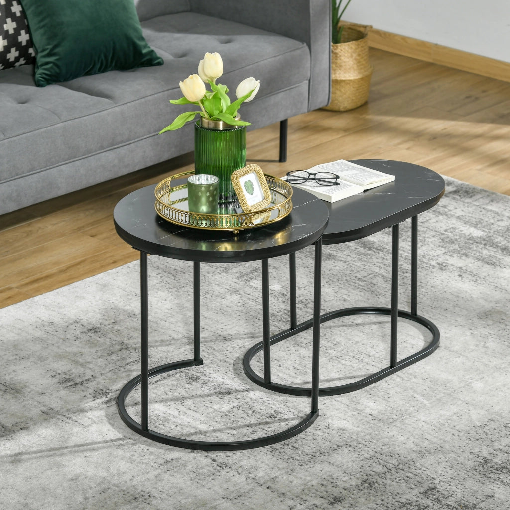 Set 2 tavolini da caff¨¨ ovali e rotondi, stapelbar, effetto marmo ¨C zephmum ¨C nero, MDF, metallo, ?50x50.5H