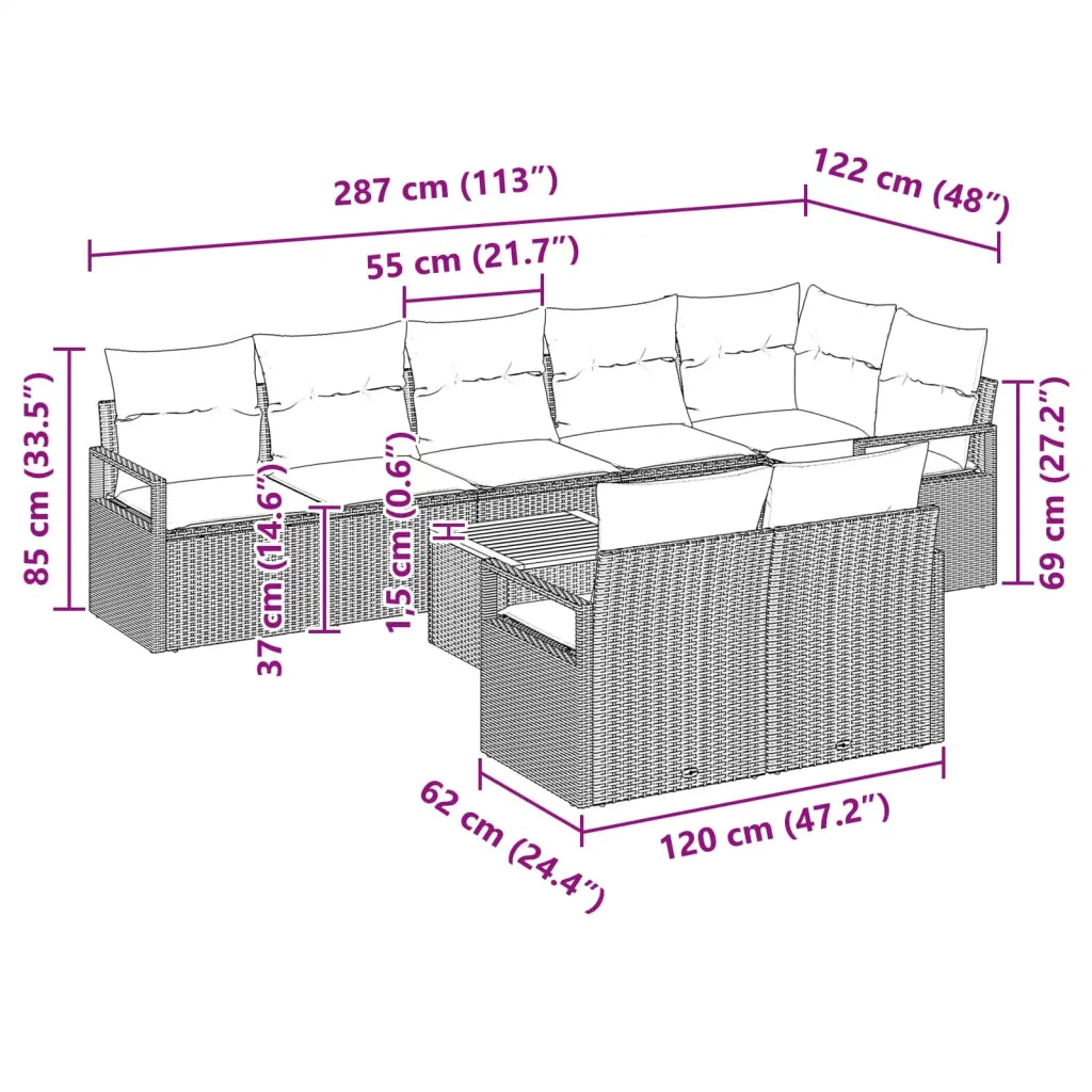 Set Divano da Giardino con cuscino 9 pcs Grigio polyrattan 3347724
