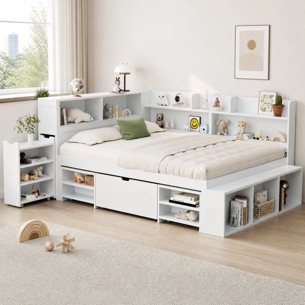 LETTO multifunzionale 140x200 cm bianco con cassetti e vani contenitore