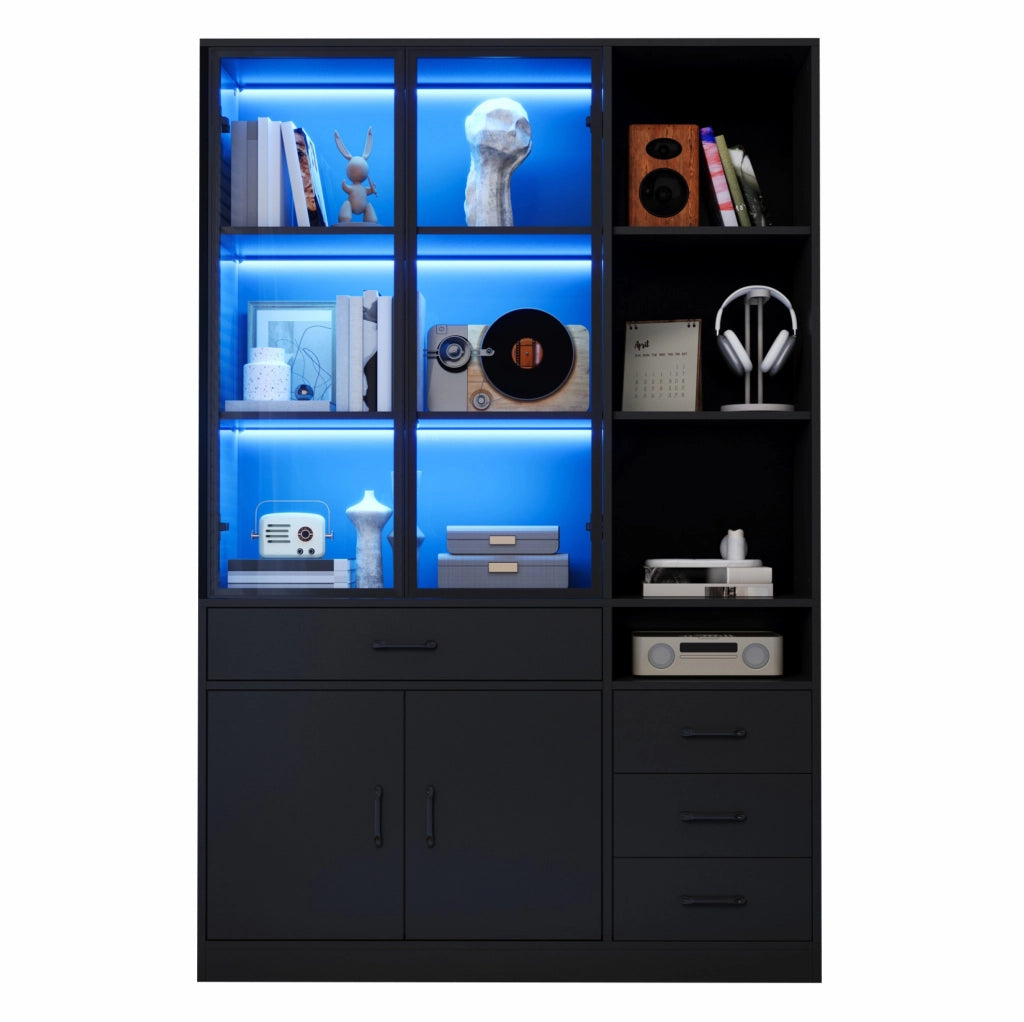 Mobile alto con vetrina in vetro e LED 120x35x200 cm; 4 cassetti; nero