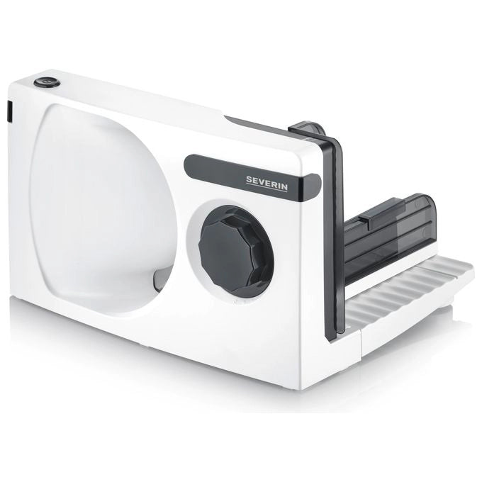 Severin AS 3912 - Affettatrice 19 cm, 100 W, spessore regolabile fino a 1,5 cm, lama in acciaio inox, sicurezza con pulsante a due fasi, colore Bianco