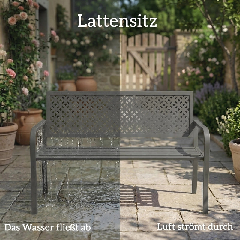 Panchina da giardino in metallo a 2 posti, resistente alle intemperie, con schienale antiruggine, design geometrico, supporta fino a 240 kg.