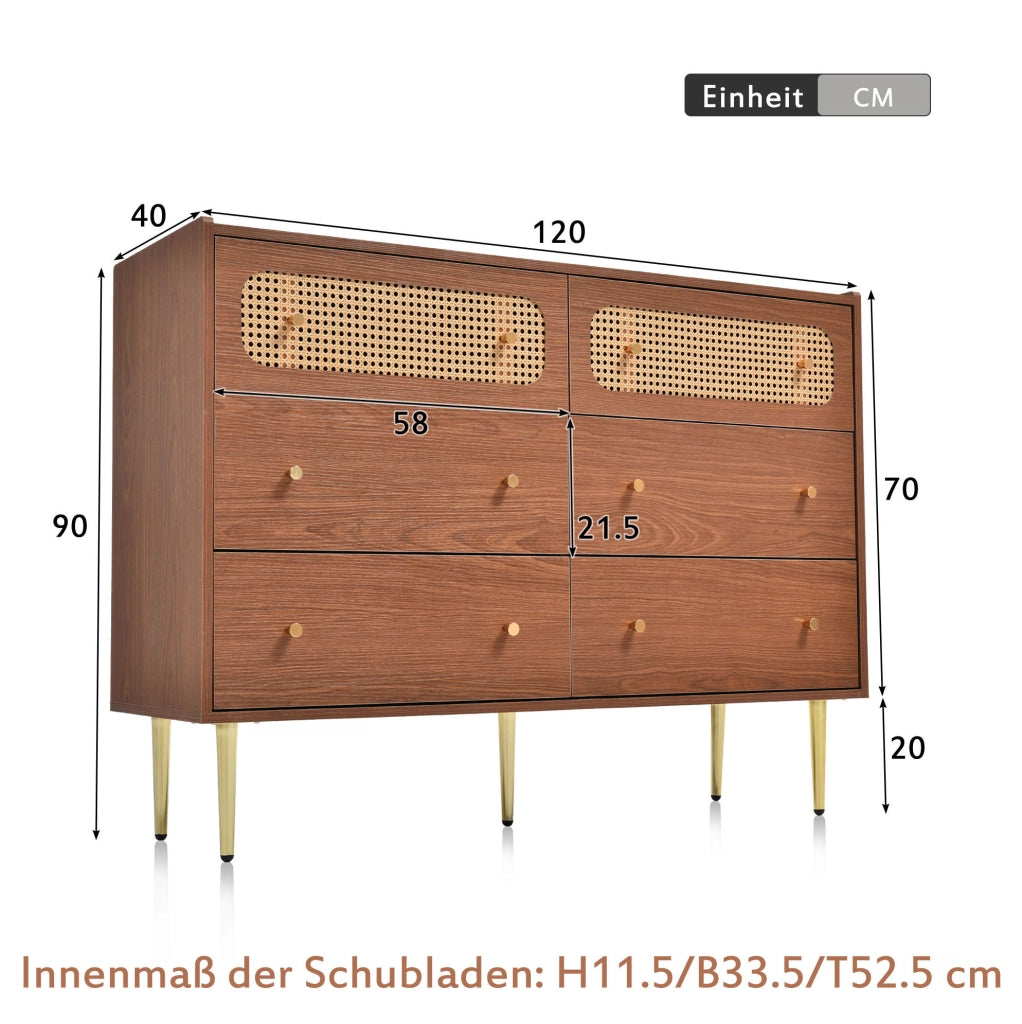 Cassettiera con 6 cassetti in legno e metallo colore noce