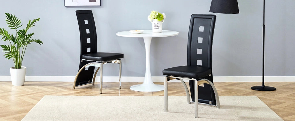 [Set di 2] Sedie da pranzo di design europeo con motivo traforato, in similpelle nera e gambe in metallo color argento, altezza 102,5 cm, ideali per s