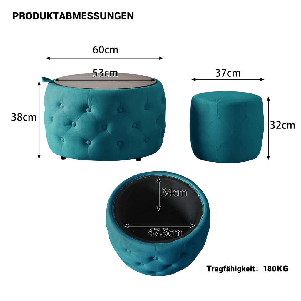 POUF Contenitore Rotondo in Velluto Blu Set da 2 pezzi 58 cm