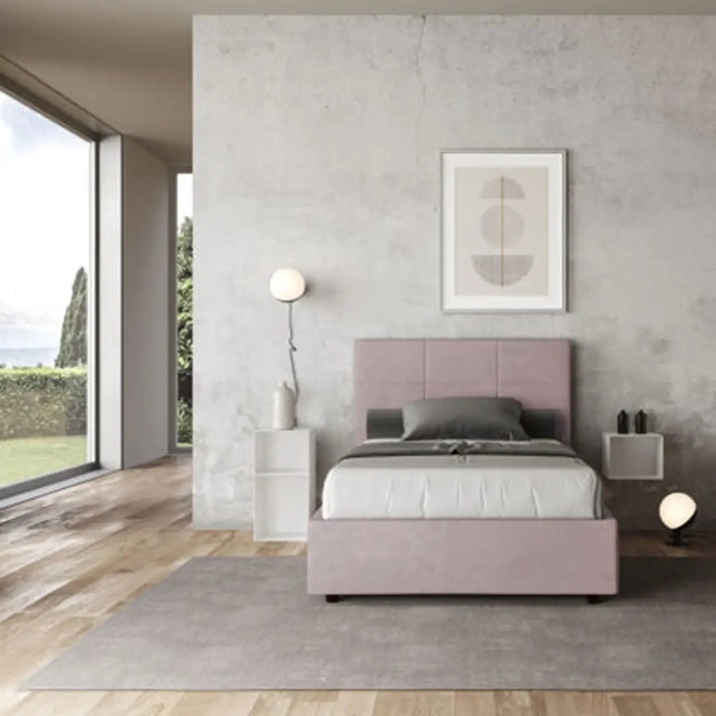 Letto una piazza e mezza contenitore imbottito 120x210 microfibra glicine Mika