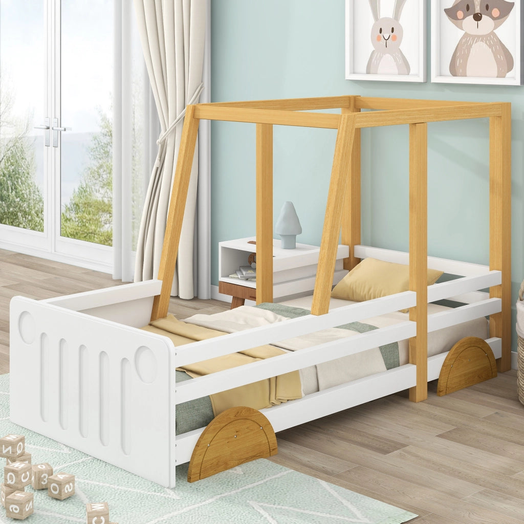 DESMIU Letto per bambini 1 posto con sponde, forma auto e struttura superiore, 90 × 200 cm, senza materasso, bianco