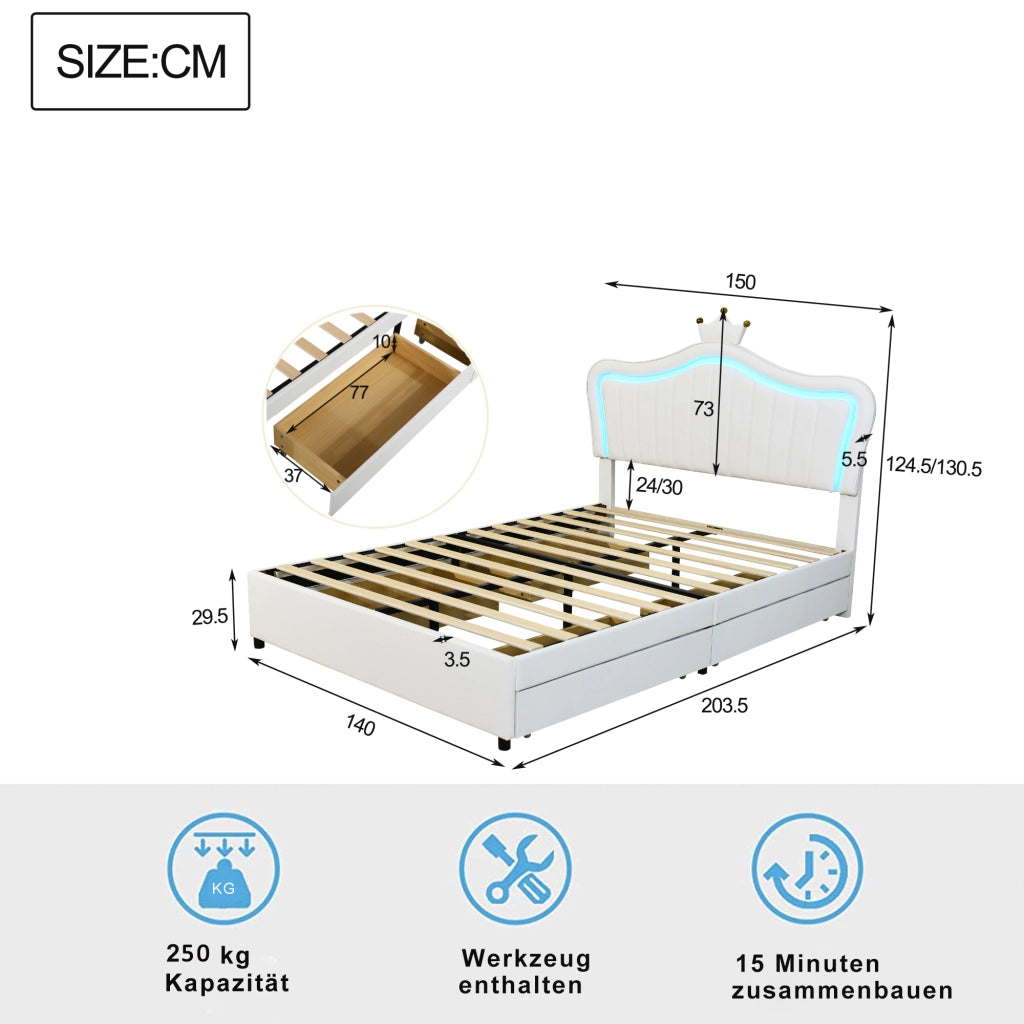 LETTO imbottito 140x200 cm bianco in PU con 4 cassetti e LED