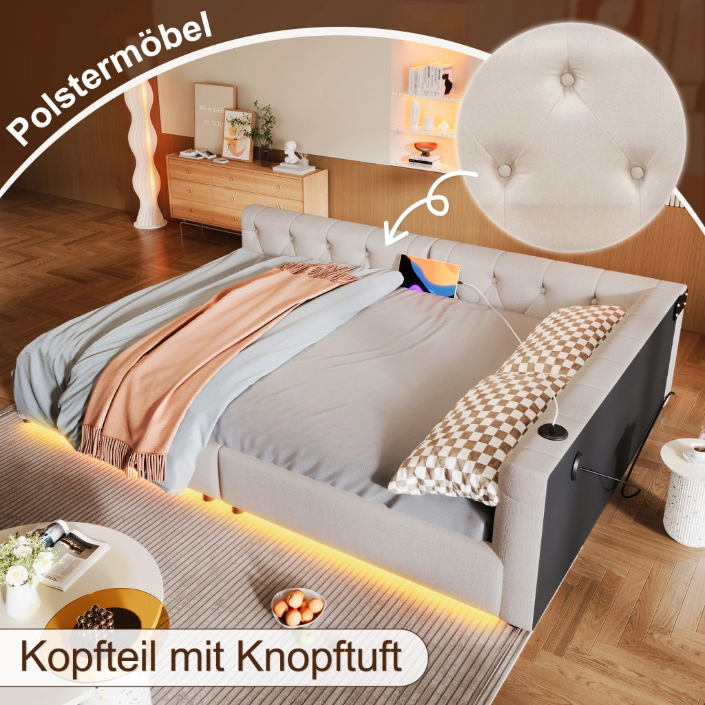 LETTO Daybed 140x200 cm in lino beige con USB Type-C e LED