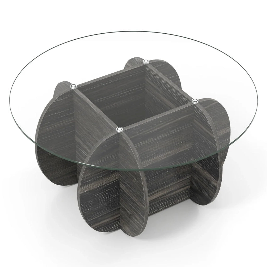 Tavolino rotondo da caffè 89 cm tavolino laterale con vano portaoggetti nascosto design moderno e rustico vetro temperato nero 20_0013804