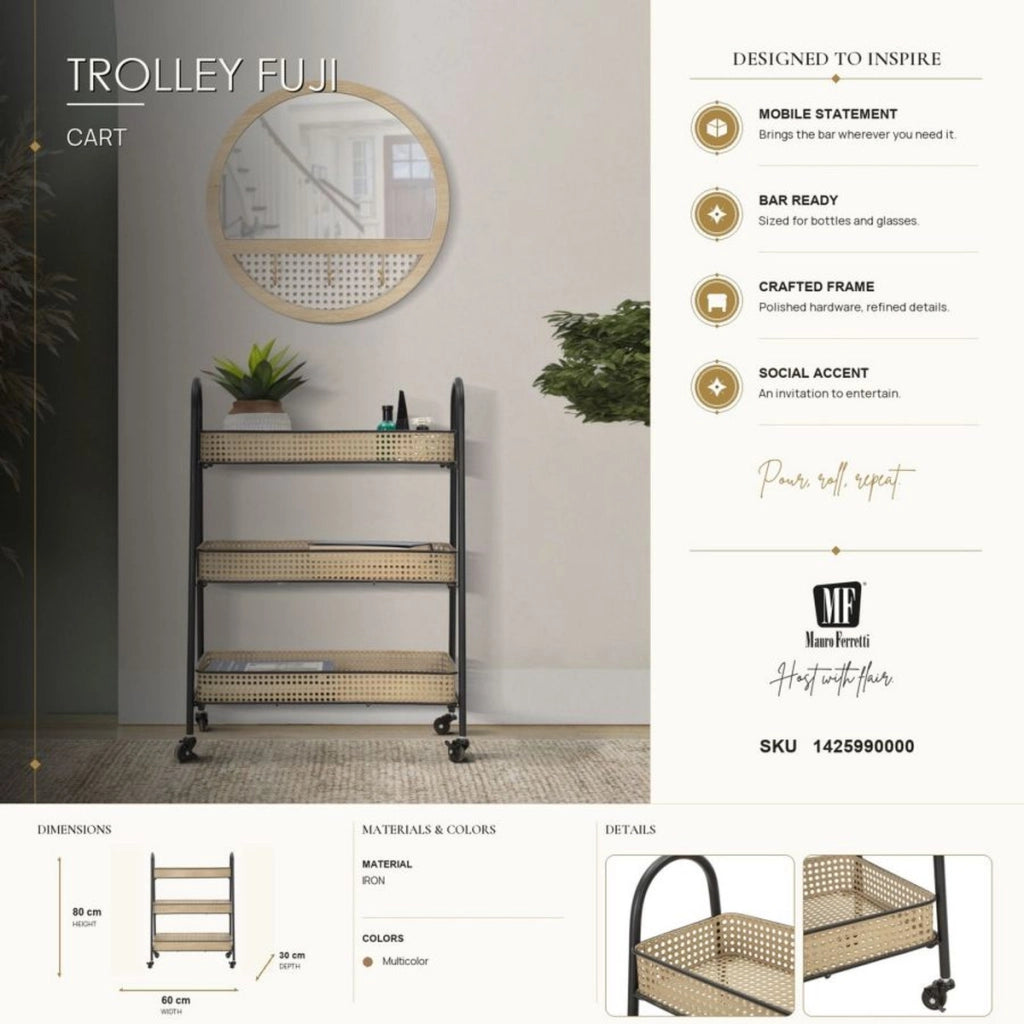 Carrello Fuji a 3 cesti in rattan e ferro nero su ruote — 60x30x80 cm