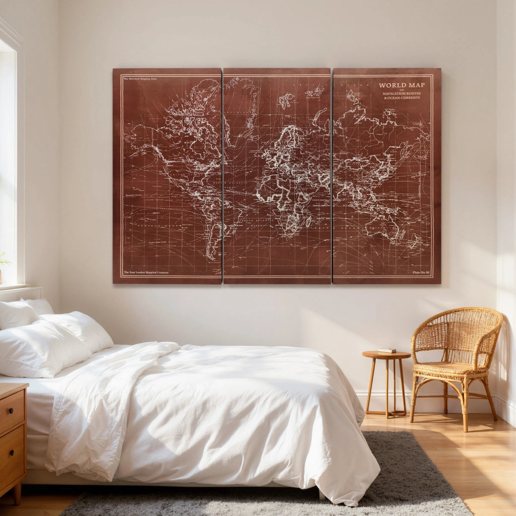 Quadro Triptico Mappamondo Vintage ¨C Zephmum ¨C 120x60 cm Marrone Legno