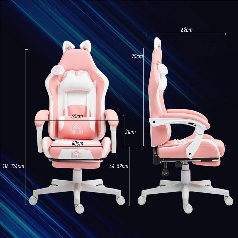 SEDIA DA GAMING ERGONOMICA CON ORECCHIE DA GATTO POGGIAPIEDI SUPPORTO LOMBARE E CERVICALE ROSA