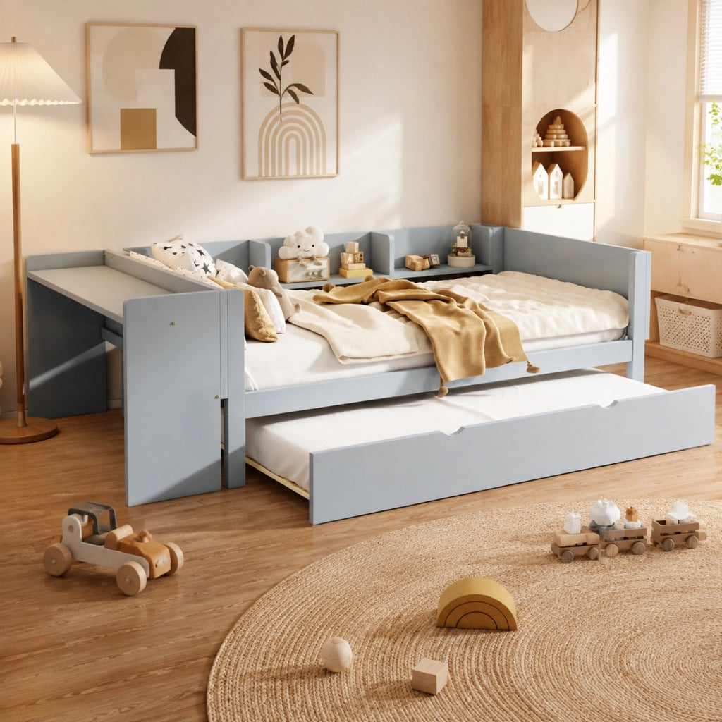 LETTO 90x200 cm con letto estraibile, scrivania e 3 ripiani laterali Grigio