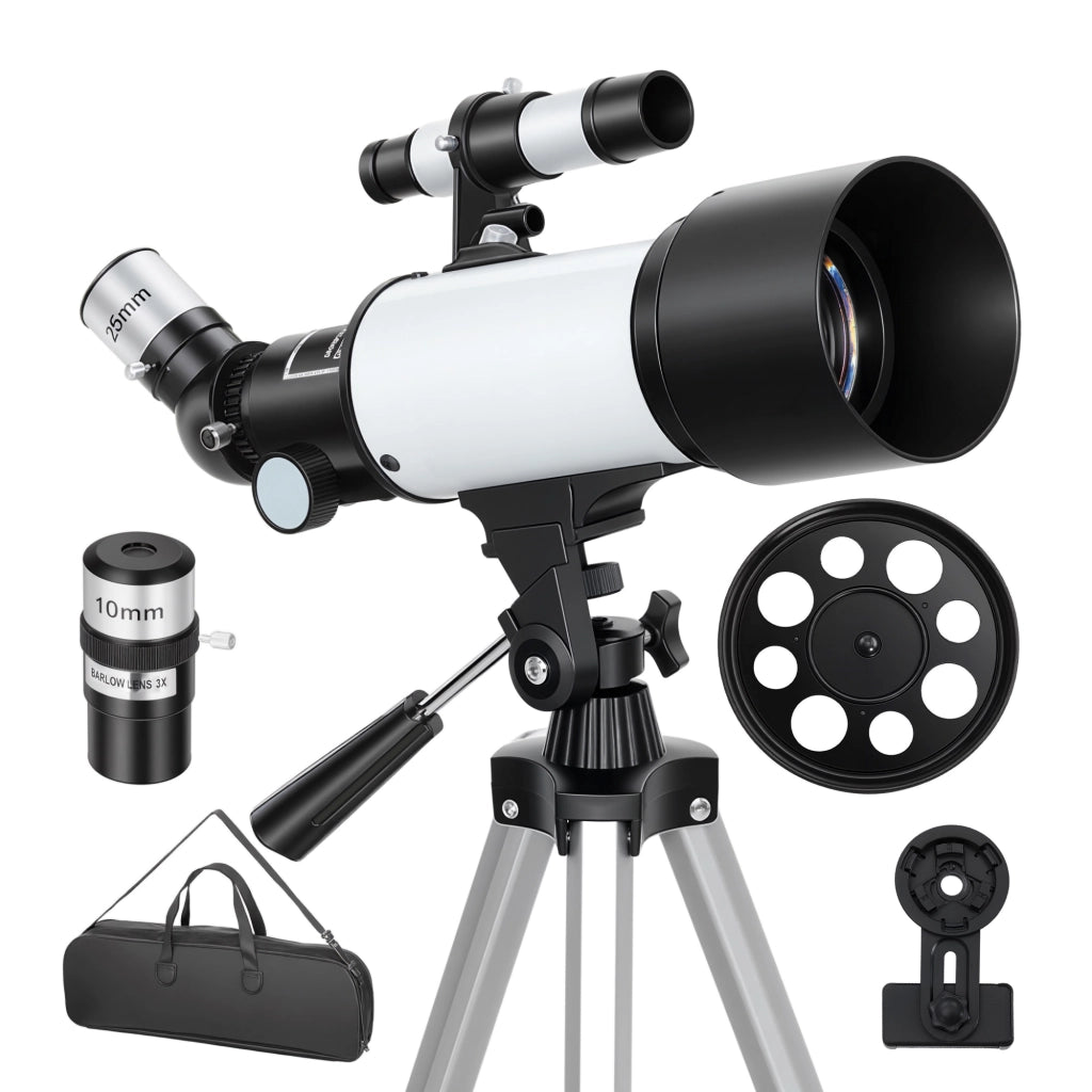Telescopio Astronomico 70mm con 2 Lenti Oculari e Adattatore Smartphone, 80x80x135 cm, Bianco e Nero