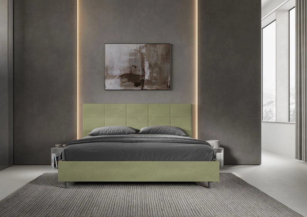 BS COM Letto matrimoniale king size contenitore imbottito 190x200 microfibra tè verde