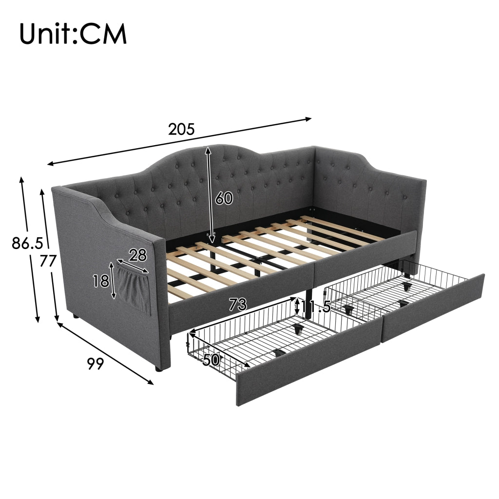 LETTO divano 90x190 cm in lino grigio con USB Type-C e 2 cassetti