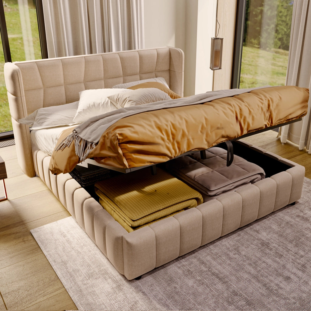 letto imbottito tessuto beige 180 x 200 cm