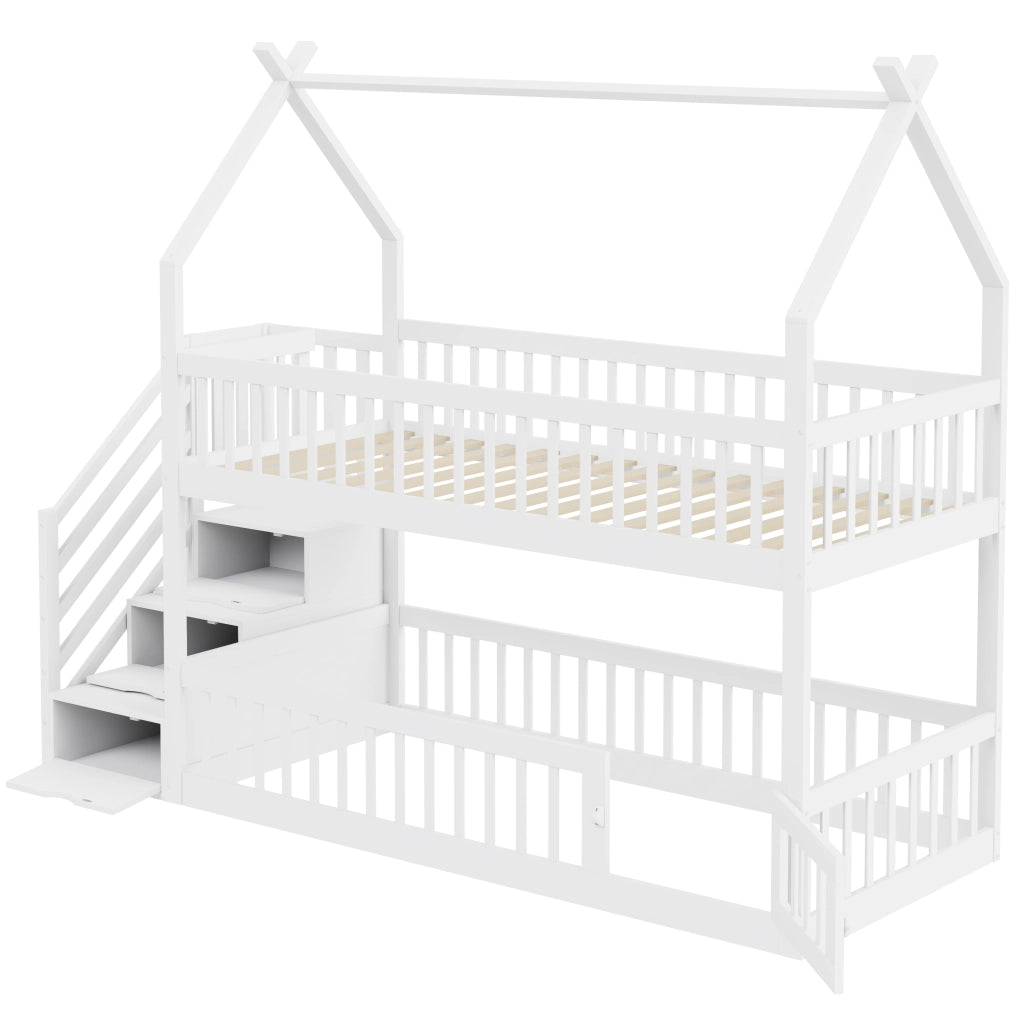 Letto a castello per bambini 90×200 cm con tetto; scala e cassetti contenitori; senza materasso; in legno massiccio bianco