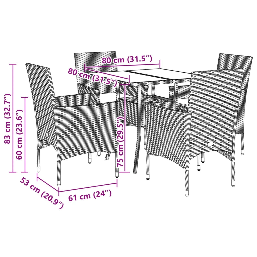 Set da Pranzo da Giardino 5 pz | Set Salotto da Giardino con Cuscini Polyrattan e Vetro