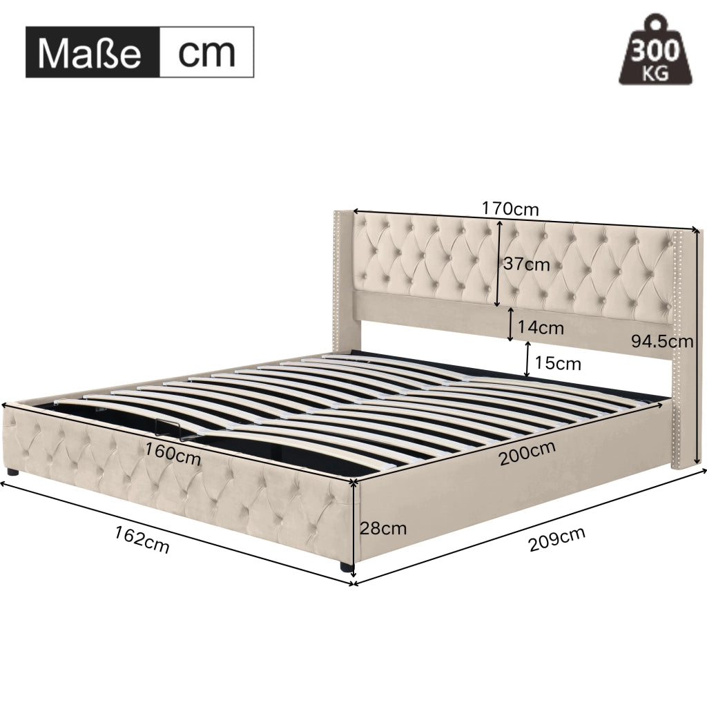 LETTO Imbottito Contenitore 160x200 cm Velluto Beige