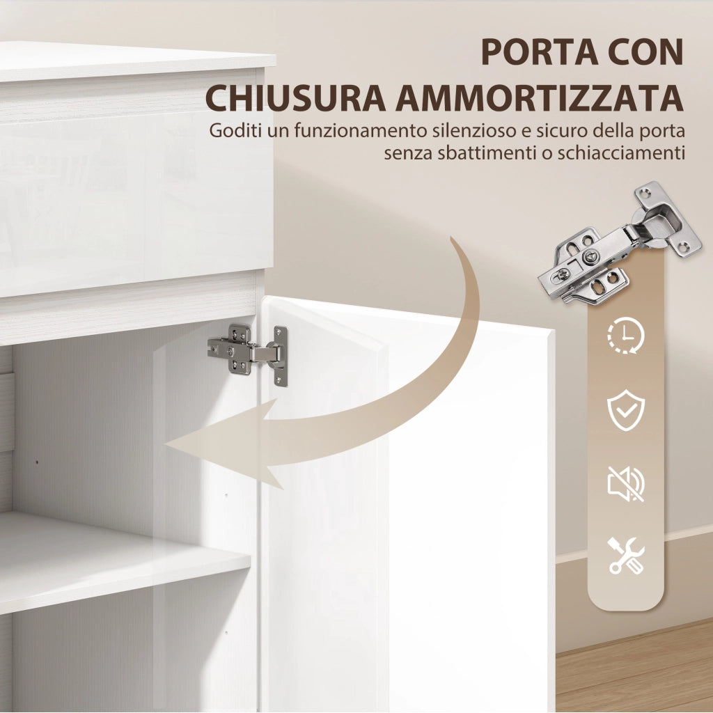 Credenza Mobile Basso 100x40x80 cm con 5 Cassetti Ripiano Regolabile in MDF Bianco Lucido