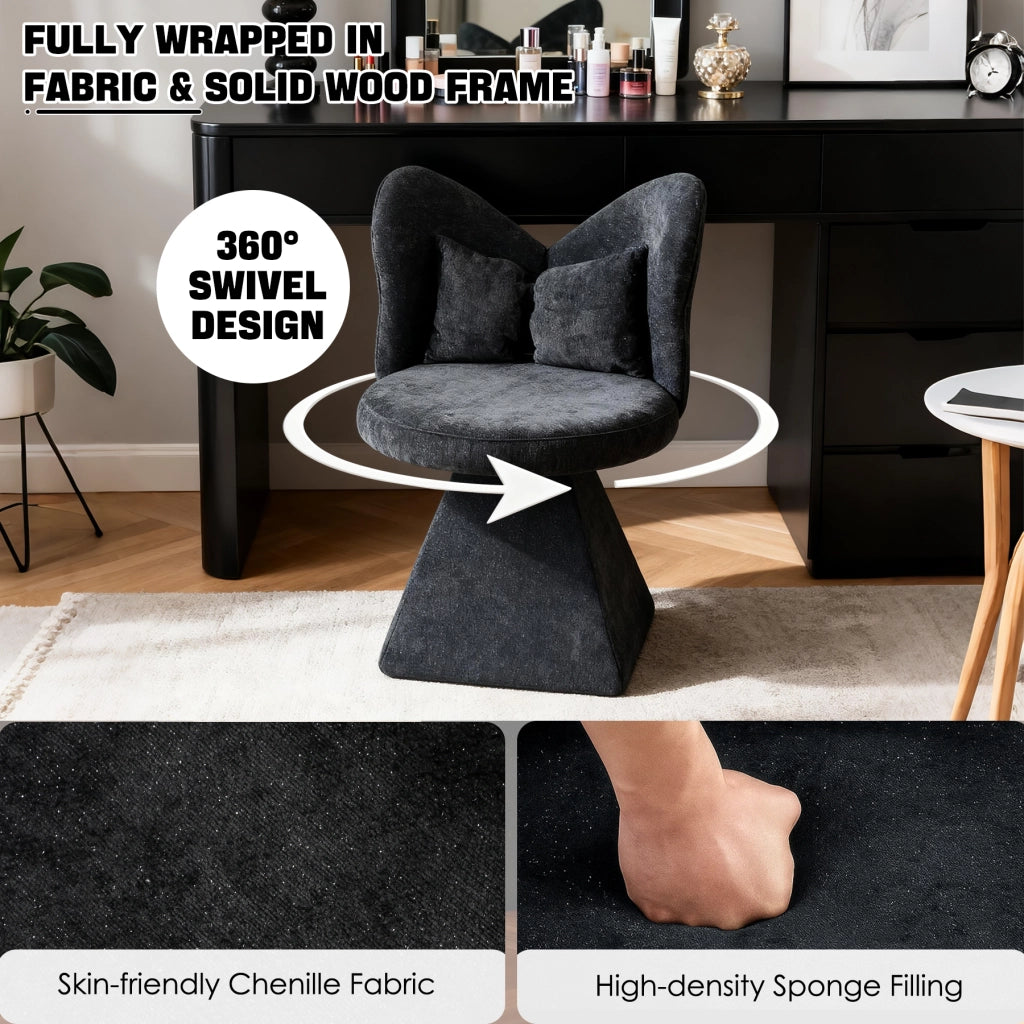 Sedia girevole imbottita in chenille nero con base triangolare stabile, senza braccioli, per soggiorno, sala da pranzo e spazi beauty