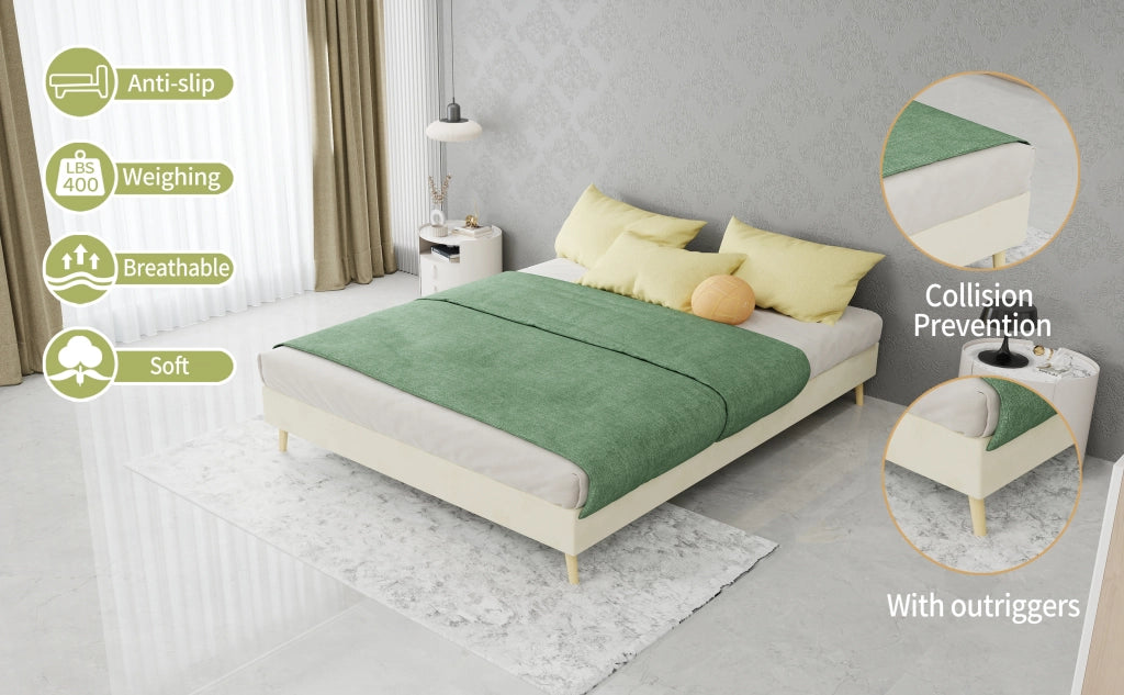 DESMIU Letto 140 × 200 cm 2 posti con LED, schienale regolabile e struttura in tessuto, senza materasso, beige